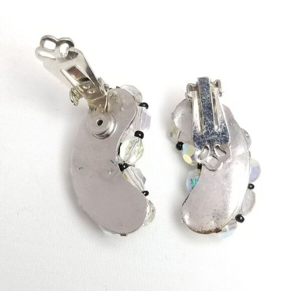 Vintage AB Glass Bead Cluster Clip On Earrings, Black Accents, Kidney Shape - Picture 3 of 6